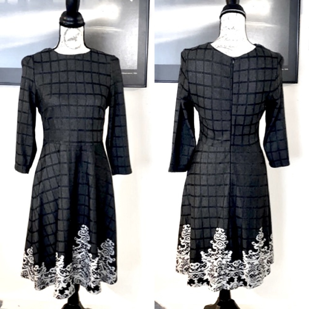 Beige by eci gray checkered flared dress